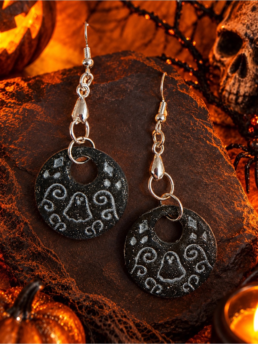 Halloween Ghost Black Round Drop Handmade Polymer Clay Earrings